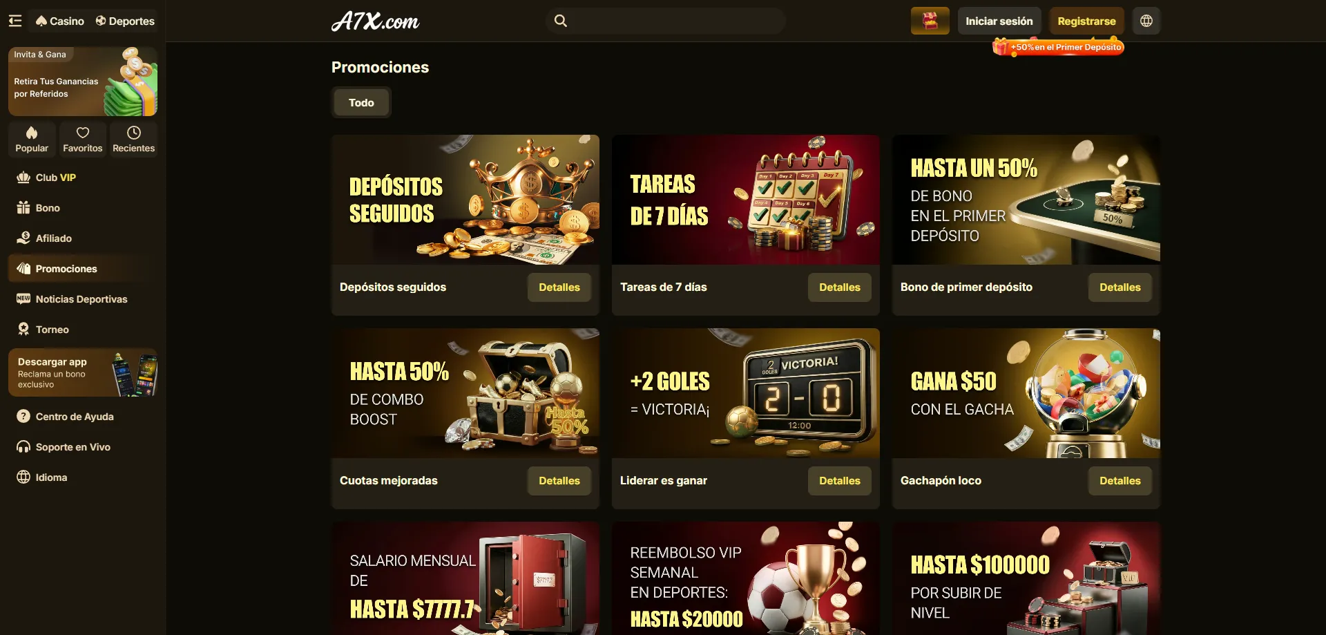 Torneos y promociones de A7X Casino con premios en efectivo