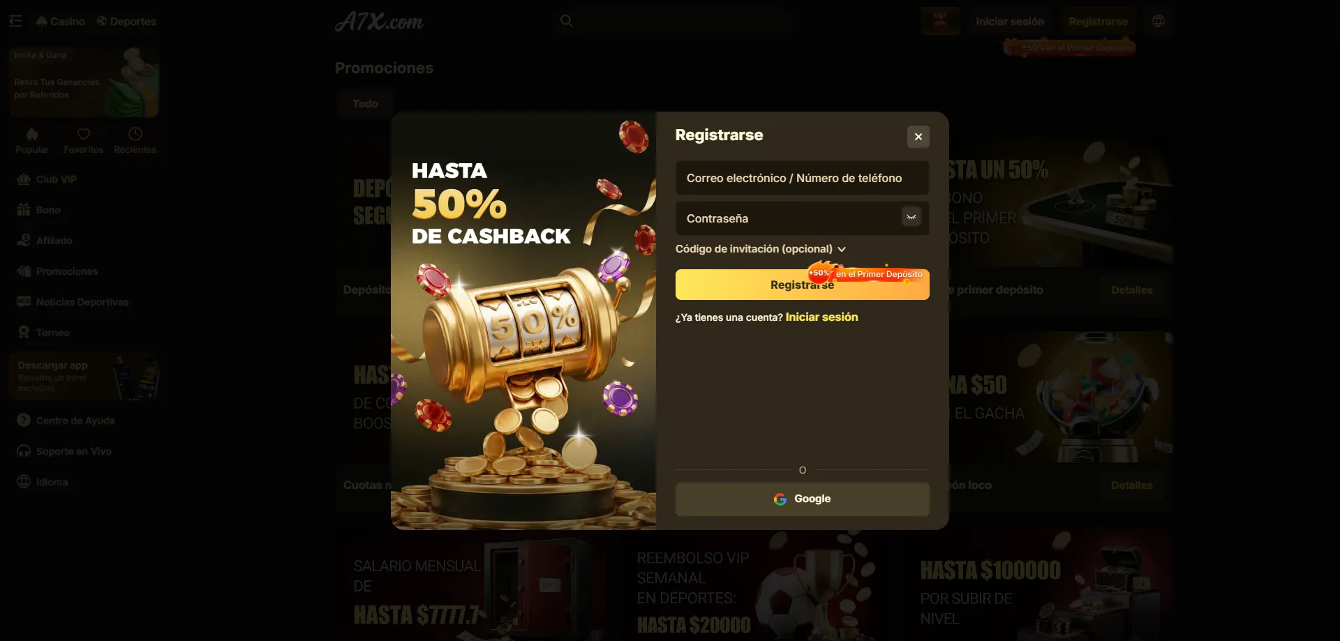 Formulario de registro en A7X Casino para jugadores mexicanos