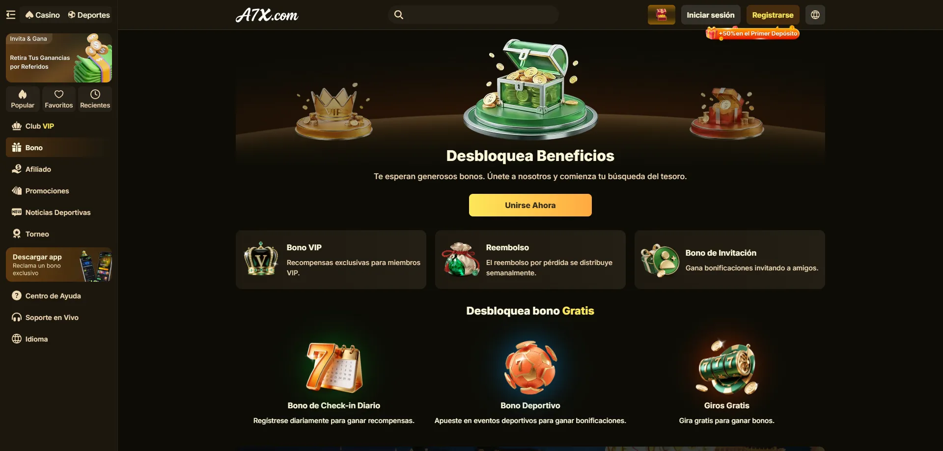Pantalla de inicio de sesión en A7X Casino México