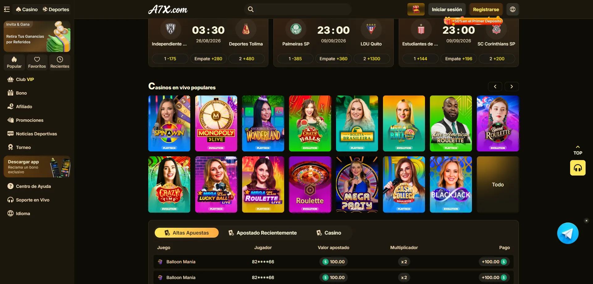 Casino en vivo de A7X Casino con Evolution y PlayTech en tiempo real